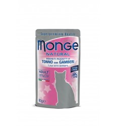 MONGE NATURAL - WET CAT POUCHES TUNA FLAKES WITH SHRIMP IN JELLY 80G KAĶIEM