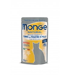 MONGE NATURAL - WET CAT POUCHES TUNA FLAKES WITH CHICKEN LIVER IN JELLY - KITTEN 80G KAĶIEM