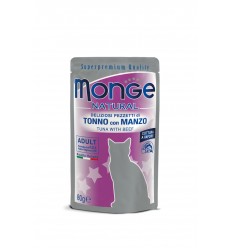 MONGE NATURAL - WET CAT POUCHES TUNA FLAKES WITH BEEF IN JELLY 80G KAĶIEM