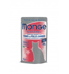 MONGE NATURAL - WET CAT POUCHES TUNA&CHICKEN FLAKES WITH SHRIMP IN JELLY 80G KAĶIEM
