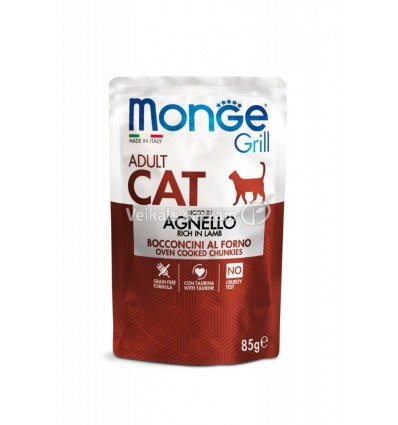 MONGE GRILL- CAT POUCHES ADULT LAMB 85G KAĶIEM