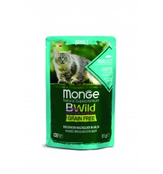 MONGE BWILD CAT POUCHES GRAIN FREE ADULT CODFISH, SHRIMPS VEGETABLES 85G KAĶIEM