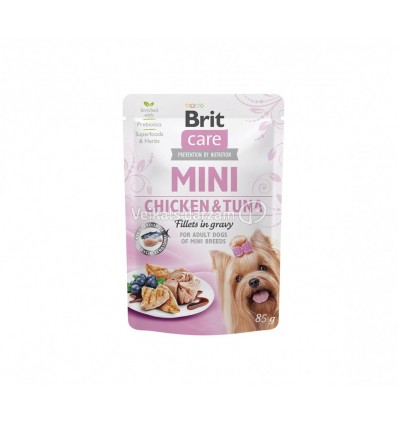 BRIT CARE MINI CHICKEN&TUNA FILLETS IN GRAVY KONSERVAI 85G SUŅIEM