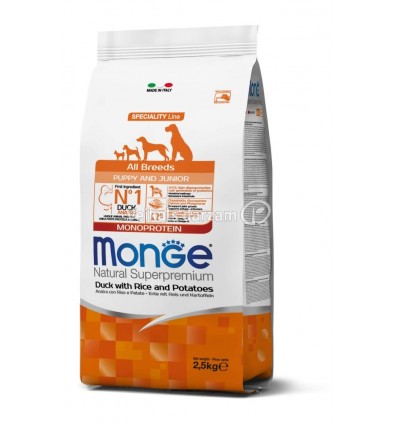 MONGE DRY DOG SPECIAL LINE MONO - ALL BREEDS PUPPY DUCK, RICE & POTATOES 2,5KG SUŅIEM