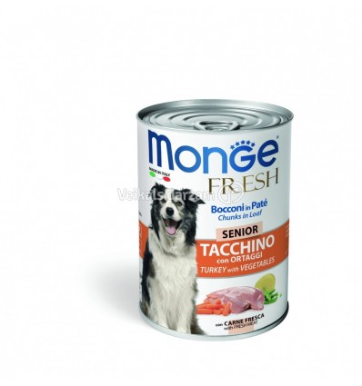 MONGE FRESH - WET SENIOR DOG CANS PATE & CHUNKIES TURKEY&VEGETABLES 400G SUŅIEM