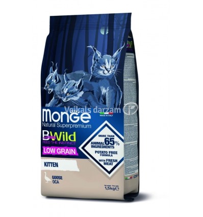 MONGE DRYCAT BWILD LOW GRAIN KITTEN GOOSE 1,5 KG KAĶĒNIEM