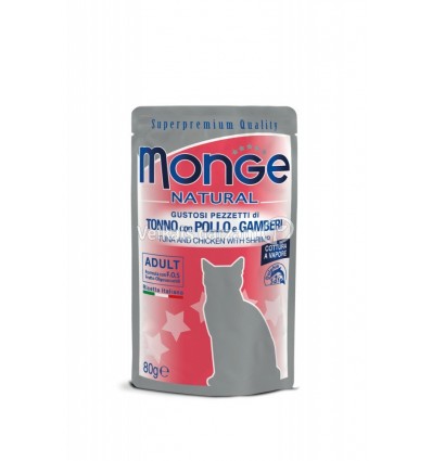 MONGE NATURAL - WET CAT POUCHES TUNA&CHICKEN FLAKES WITH SHRIMP IN JELLY 80G KAĶIEM