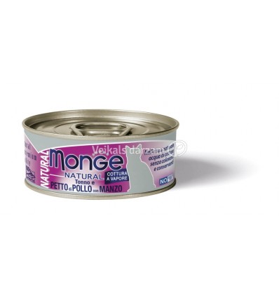 MONGE NATURAL - WET CAT CANS TUNA & CHICKEN WITH BEEF 80G KAĶIEM