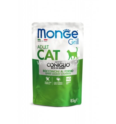 MONGE GRILL- CAT POUCHES ADULT RABBIT 85G KAĶIEM