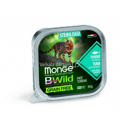 MONGE BWILD CAT GRAIN FREE ADULT STERILIZED TUNA VEGETABLES 100G KAĶIEM