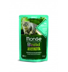 MONGE BWILD CAT POUCHES GRAIN FREE ADULT CODFISH, SHRIMPS VEGETABLES 85G KAĶIEM