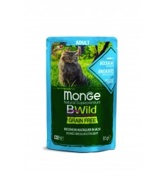 MONGE BWILD CAT POUCHES GRAIN FREE ADULT ANCHOVIES AND VEGETABLES 85G KAĶIEM