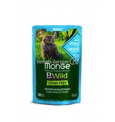 MONGE BWILD CAT POUCHES GRAIN FREE ADULT ANCHOVIES AND VEGETABLES 85G KAĶIEM