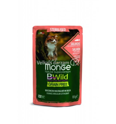 MONGE BWILD CAT POUCHES GRAIN FREE ADULT STERILISED SALMON, SHRIMPS VEGETABLES 85G KAĶIEM