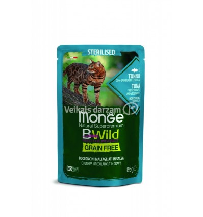 MONGE BWILD CAT POUCHES GRAIN FREE ADULT STERILISED TUNA, SHRIMPS VEGETABLES 85G KAĶIEM