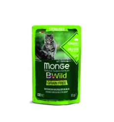 MONGE BWILD CAT POUCHES GRAIN FREE ADULT STERILISED WILD BOAR VEGETABLES 85G KAĶIEM