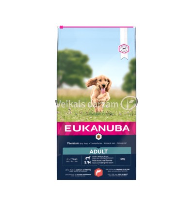 EUKANUBA DOG SALMON BARLEY S/M BREED 12 KG, AR LASI UN MIEŽIEM SUŅIEM